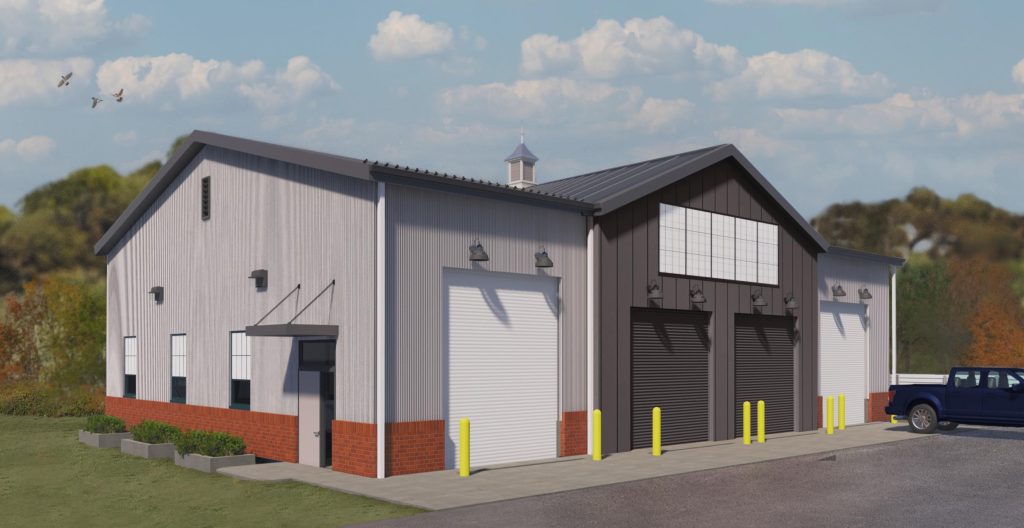 Image is a rendering of the DWWD vehicle storage facility. The storage facility has a barn-like style with a cupola, side entry door, and 4 garage bays.