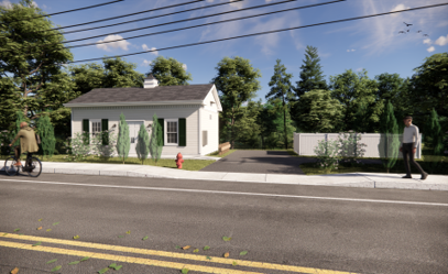 IMAGE OF A SMALL CAPE-LIKE LOOKING HOUSE WITH SHUTTERS, A DRIVEWAY, SIDEWALK, AND TREE PLANTINGS.